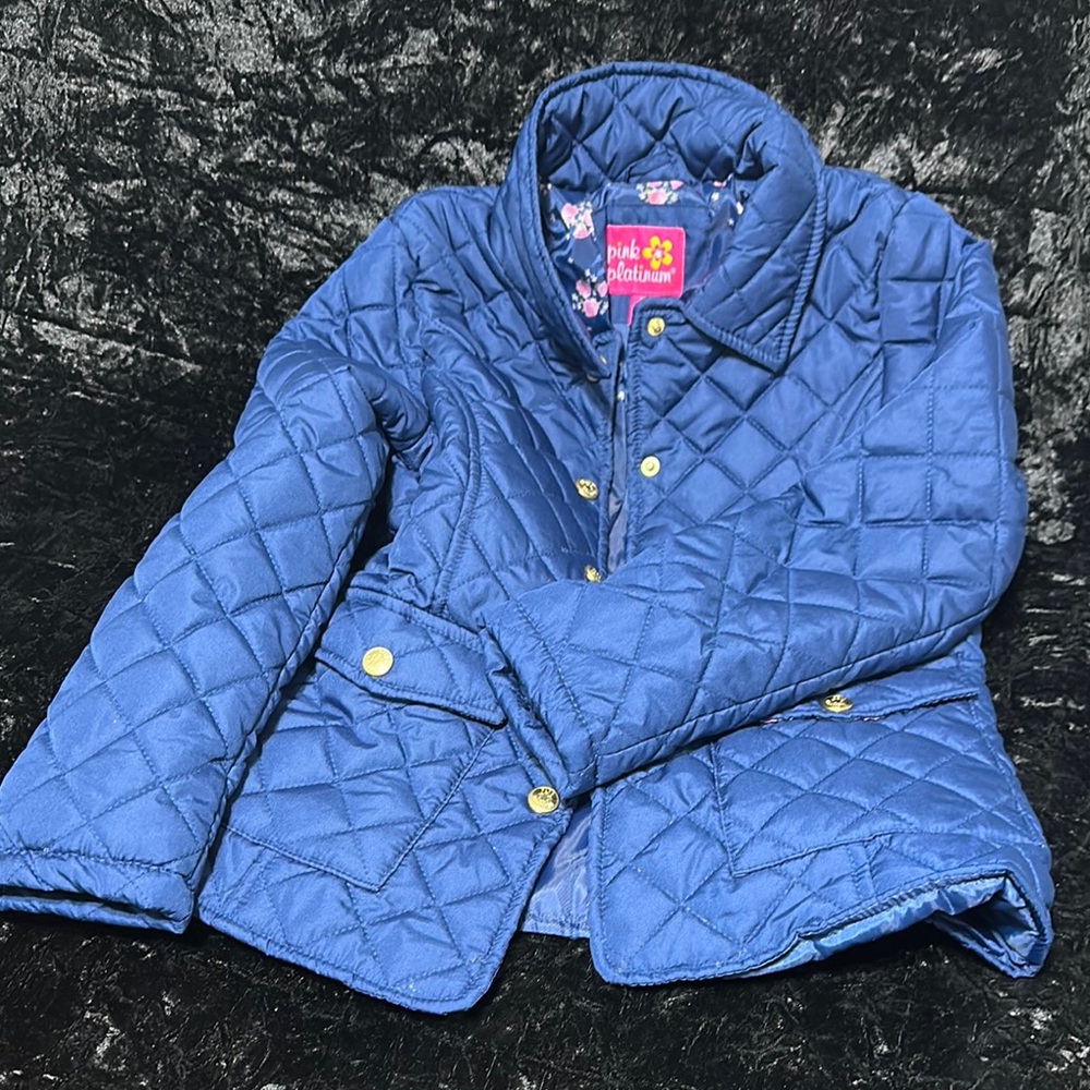 Pink Platinum Blue Puffer Jacket with Quilted Design